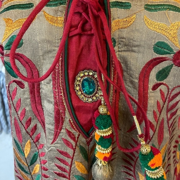 Beautiful Embroidered Tan Kurta With Red, Yellow and Green Embroidery - Picture 15 of 16